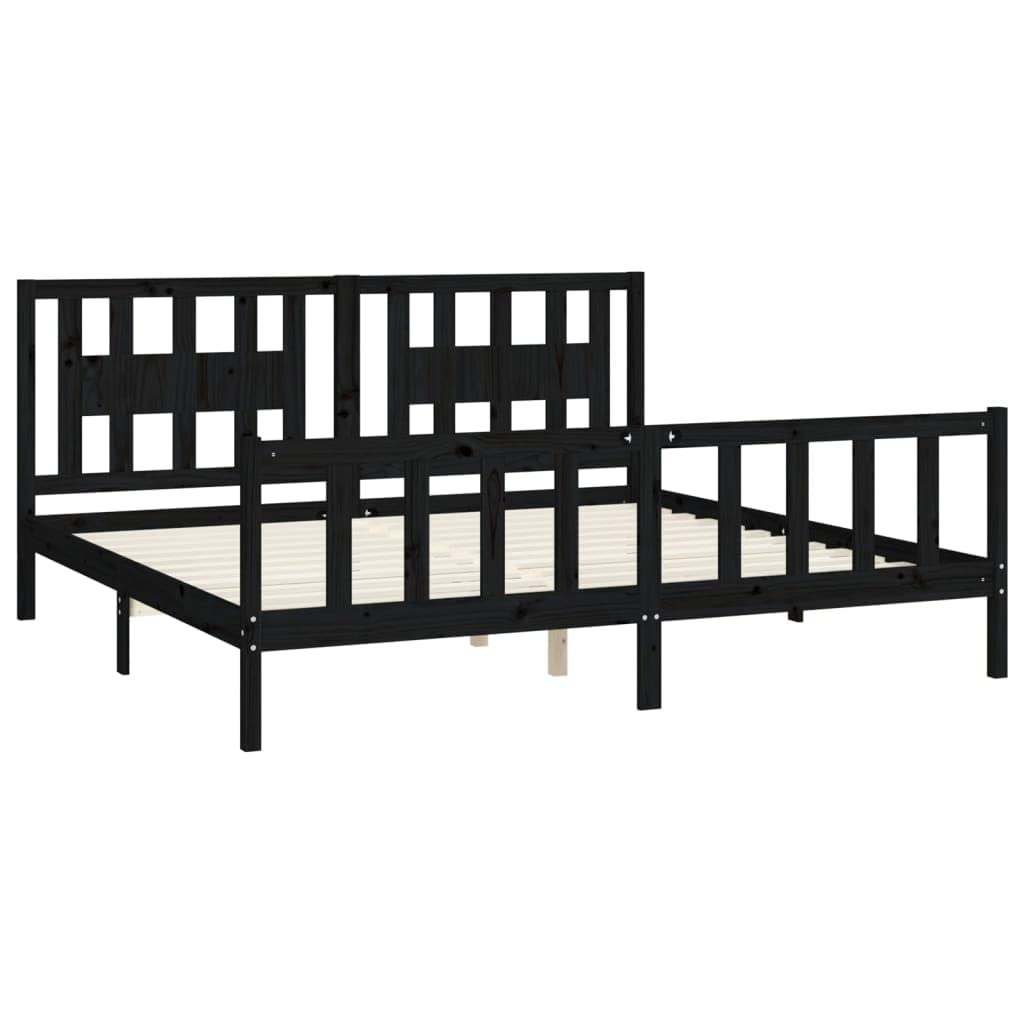 lite drewno sosnowe z wezgłowiem klasyczna czarna 200x200 cm | Rama łóżka 200x200 z wezgłowiem lite drewno sosnowe czarna stabilna