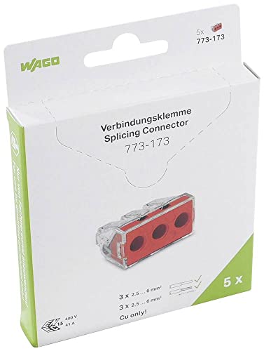 WAGO 773-173 - Morsetto di collegamento flessibile: rigido: 2,5-6 mm², numero di poli (num): 3 5 pezzi, trasparente, rosso