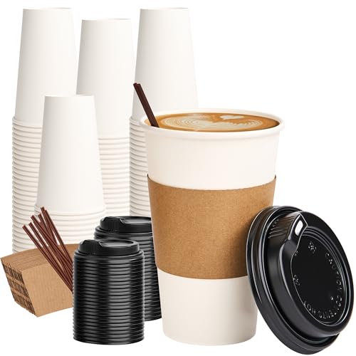 RACETOP 16 oz 100 Pack Disposable Paper Coffee Cups with Lids, Sleeves and Stirrers, Hot Cups, Paper Cups with Lids, Sleeves and Stirrers, Ideal for Home/Office