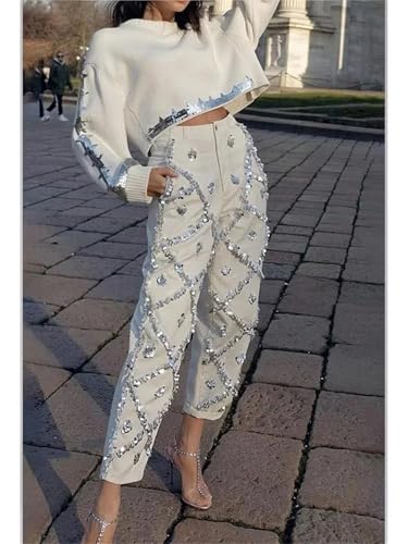 Women's Sequin Diamond Decorated Straight Jeans High Waist Elegant Casual Jeans2