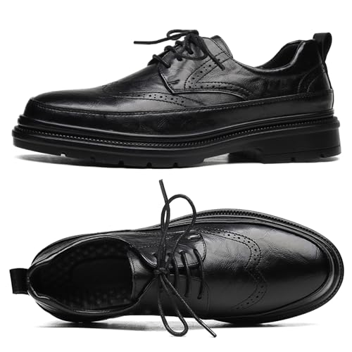 Men's Leather Platform Wingtip Business Oxfords Fashion Round Toe Lace Up Low Top Brogue Dress Shoes Hand Stitched Formal Derby Shoes2