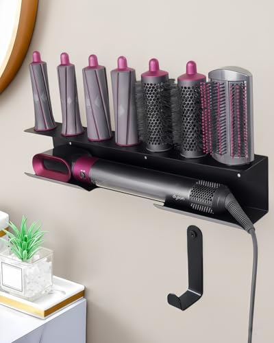 Hair Dryer Holder for Airwrap Aluminum Hair Tool Holder Wall Mount Black with 7 Custom Slots & Cable Hook Hair Tool Organizer Wall Mounted for Bathroom BANJEKT