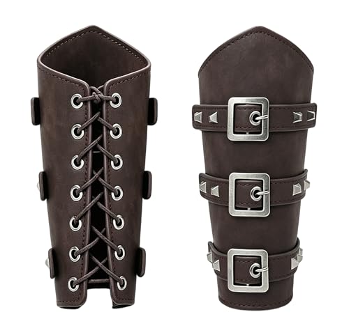 Men Women Medieval PU Leather Bracers Gauntlet Viking Arm Guards for Halloween Carnival Costume Accessories Dark Brown
