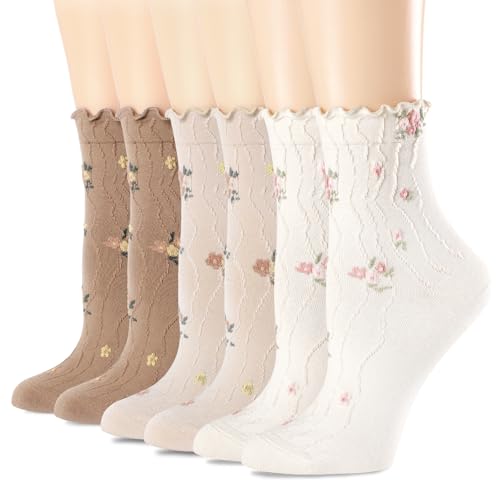 Image of Womens Ruffle Crew Socks Vintage Patterned Ankle Casual Fashion Dress Sock Cute Lettuce Floral Socks 5 /6 Pack