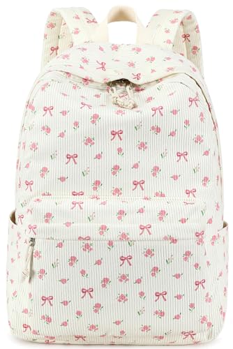 BTOOP Mochila escolar para adolescentes, grande, de veludo cotelê, leve, para meninas, meninos, casual, colegial, faculdade, mochila, Laço rosa floral, Medium, Mochilas Daypack