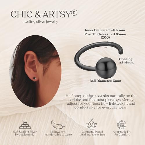 Image of CHIC & ARTSY 925 Sterling Silver Half Hoop Earrings for Women, Small Huggie Hoops Set with Ball Bar Star Moon Cross & Pearl, Lightweight Comfort Fit Everyday & Sleep Earrings