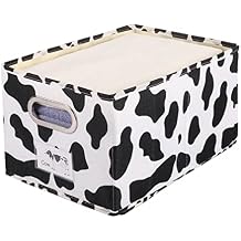 ANMINY Fabric Storage Bin Cow Print Cotton Linen Foldable Open Storage Basket Box with Handles PP Plastic Board Label Window Decorative Washable Desktop Closet Shelf Organizer Container - Medium