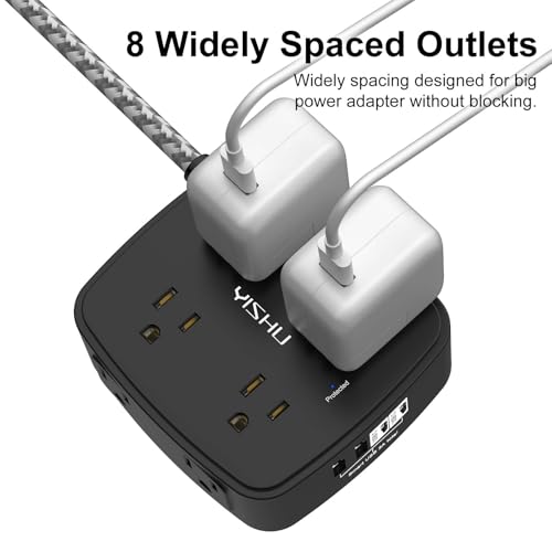 Image of Surge Protector Power Strip - YISHU 8 Outlets with 4 USB (2 USB C) Charging Ports, 6Ft Braided Extension Cord, Flat Plug Multi Plug Outlet Extender Charging Station for Home Office, ETL, Black