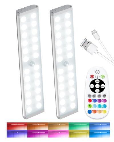Image of SZOKLED Motion Sensor Night Lights, 58-LED RGB Under Cabinet Lighting Wireless, 1100mAh Rechargeable Under Cabinet Lights Dimmable Closet Lights for Step, Stair, Kitchen,Hallway (2 Pack)