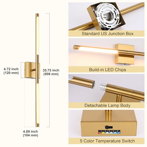 Image of TODOLUZ 36-Inch 5CCT 20W LED Bathroom Vanity Light Fixture, Brushed Brass 2700K-5500K Wall Sconce Lighting with Rotatable Lamp Tube
