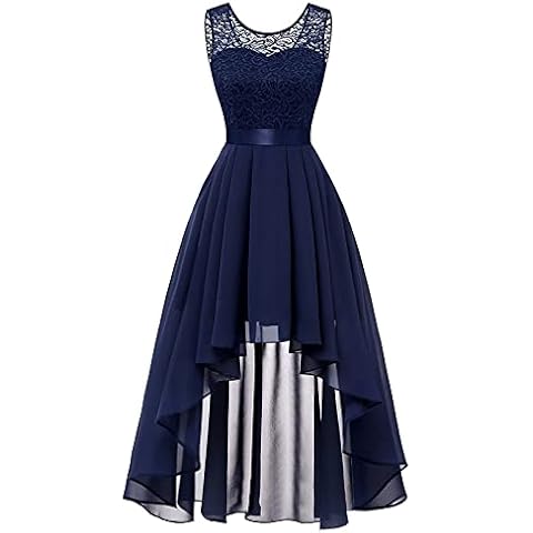 iHENGH Lace Hollow Out Maxi Bridesmaid Dresses UK, Women Hi-Low O-Neck A-Line Empire Waist Solid Blue Cocktail Dress, Summer Ladies Irregular Hem Sleeveless Evening Prom Pleated Skirt Cover