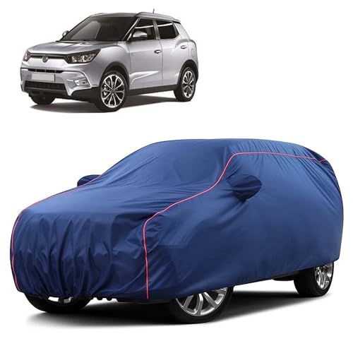 Image of Sulfar 100% Water Resistant Car Body Cover Compatible with Mirror for SsangYong Tivoli (Triple Stitched, Full Bottom Elastic, Blue Taffeta with Red Piping)