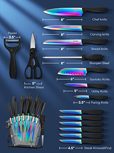 D.perlla Rainbow Titanium Knife Block Set, 16 Pieces High Carbon Stainless Steel Kitchen Knife With D.perlla Steak Knives, Steak Knives Set Of 8, High Carbon Stainless Steel Steak Knife Set #TOP1
