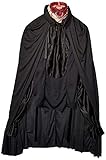 This Adult Headless Horseman Costume includes: a double knit black polyester vest with satin sleeves, an attached see-through lace ascot (enabling the wearer to safely see their surroundings), a matching black polyester cape and headpiece. Add your own pair of black pants and you're ready to hit the town (pants are not included).