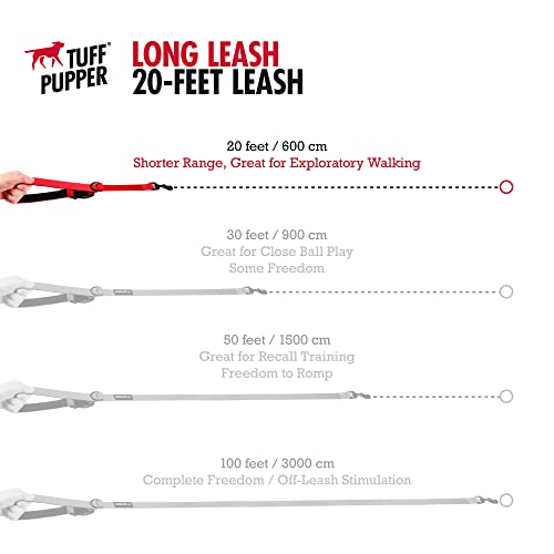 Tuff Pupper Heavy Duty Long Dog Leash | 20 Foot | Buckle Handle | Dog Recall Training Leash | High Visibility Nylon Webbing Leash | Rust Resistant Swivel Clasp/Clip Provides For Tangle Free Use #TOP1