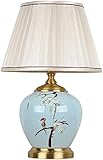 ZALORD Hand Painted Ceramic Table Lamp Blue and White Porcelain Chinoiserie Flowers and Birds Desk L