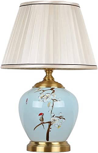 Zalord Hand Painted Ceramic Table Lamp Blue And White Porcelain Chinoiserie Flowers And Birds Desk Lamp Fabric Lampshade Bedside Table Lamps For Bedroom Living Room Study Hotel Home Decoration #TOP7