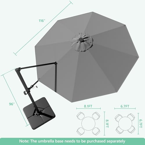 Image of Greesum 10FT Outdoor Patio Umbrella with High Pedel and 4 Gear Heights, Large Offset Umbrella with Solar LED Lights and 360-degree Rotation, Without Base, Hanging Outdoor Shade for Garden, Gray