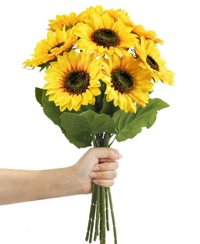 Woltoy 9 Pièces Tournesols Artificiels, 48 cm de Tournesol à Longue Tige, Bouquet de Fleurs Artificielles Naturelle et Véritable, Fausses Fleurs pour...