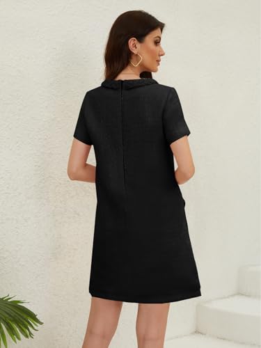 yoeasy Women's Short Sleeve Crew Neck Tweed Dress A-line Button Part Elegant Mini Dresses2