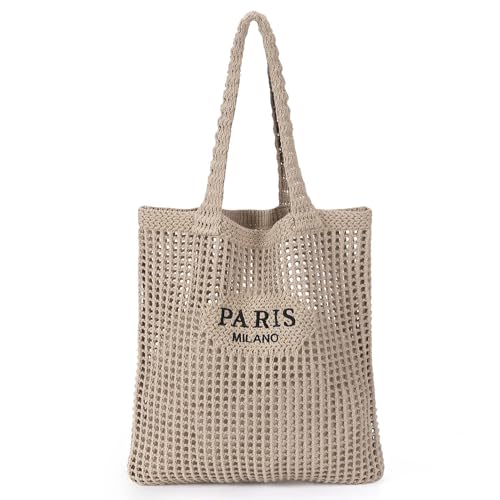 Sacola de crochê para mulheres, bolsa de praia de malha de crochê para férias de verão bolsa de malha boho estética para mulheres, G/cáqui claro