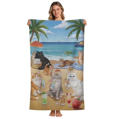 UIACOM Cat Beach Vacation Towel Illustrated Summer Cats Party Scene with Drinks & Sunshine Oversized Microfiber Towel for Cat Lovers 32 x52