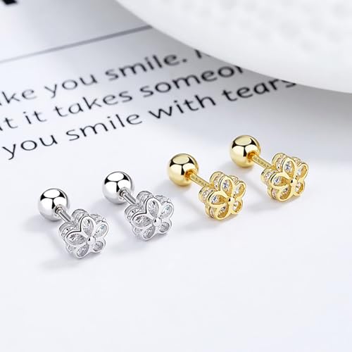 18K Gold Plated Sterling Silver Cubic Zirconia Screw Back Small Trendy Dainty Cute Flower Stud Earrings for Women with Jewelry Rose Box2