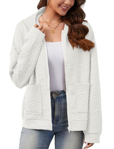 Misyula Style White Hoodies for Women, Fall Casual Lightweight Zip Up Hoodie with Pockets Fashion Jacquard Solid Color Jackets Classic Hooded Tops Work Travel Clothes,White,M