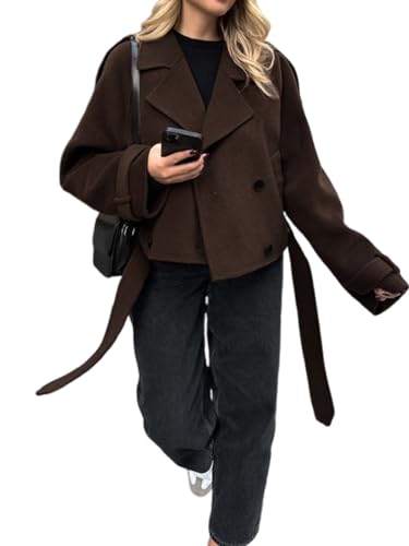 utcoco Womens Cropped Wool Coats Belted Double Breasted Pea Coat Short Jacket Notched Lapel Trench Coat with Pockets (Large, Coffee)