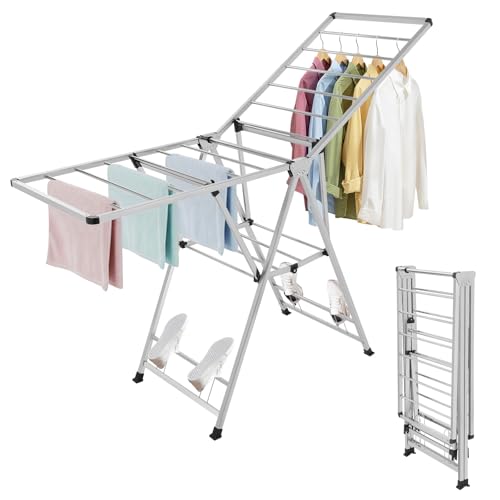 Wäscheständer, Standtrockner Klappbar, Edelstahl Wäschetrockner mit 19 Trockenstangen, 6-stufig Höhenverstellbare, Flügelwäschetrockner Platzsparend für drinnen und draußen, für Kleidung, Handtücher