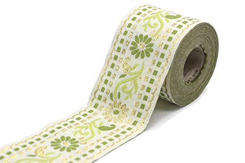 Ruban jacquard vert-blanc floral 50mm x 10m de ruban de tissu pour artisanat
