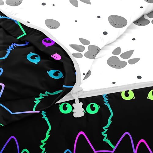 Image of Kids Comforter Set,Zipper Bedding Twin for Teen,Black Cats Printed Comforter Set with Paw Fitted Sheets and Pillowcases for All Season(Cats-C)