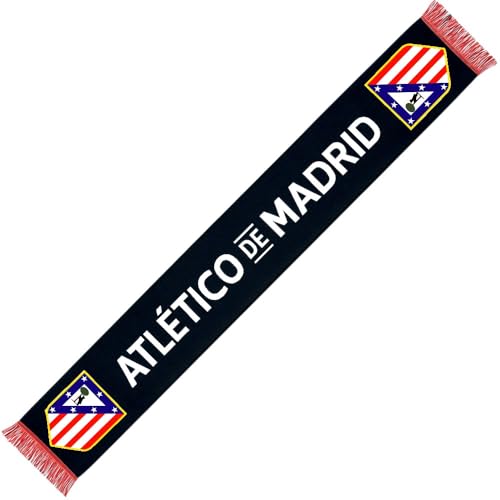 Sciarpa ufficiale dell'Atletico Madrid in colore nero con stemma e testo ricamato, ideale per mostrare la tua passione rojiblanca in ogni occasione.