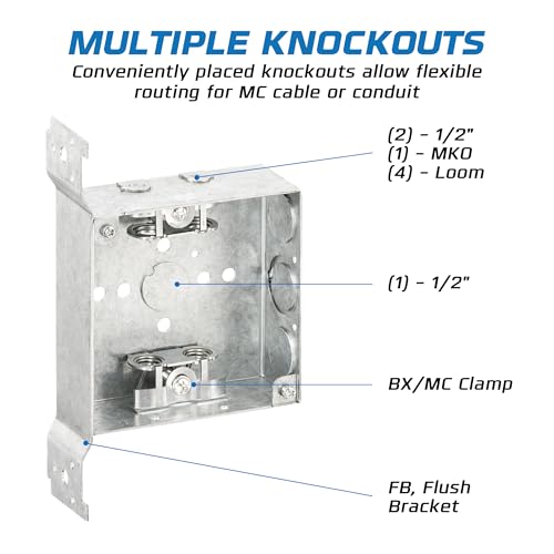 OHLECTRIC 4\" Square Welded Electrical Box with Flush Mount Brackets (10-Pack) 1-1/2 Inch Deep Box with BX/MC Cable Clamp, ½ & ¾ Knockouts, Galvanized Steel, 21 Cu. in. Metal Junction Box