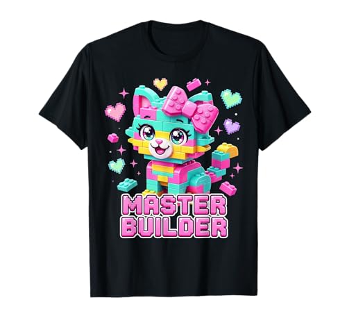 Master Builder Kids Girls Building Bricks Cat Lover Kitten T-Shirt