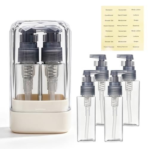 WROYGVY Reisespender zum befüllen 4 in 1 4 x Reiseflaschen zum befüllen 50ml mit Becher und Sockel für Shampoo Duschgel und Lotion Behälter travel Bottles Geeignet Für Reise Büro(Beige)