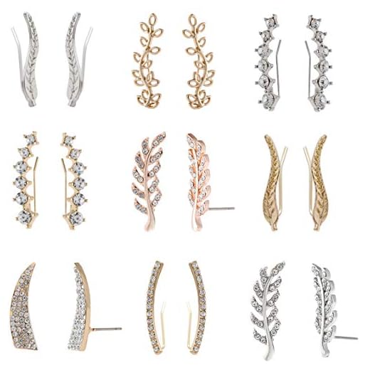 MERNARLAR 9 Pairs Gold Silver Rose Gold Crystals Ear Cuffs Earrings Simple Chic Hollow Leaf Crystal Ear Crawlers Earrings Set Hypoallergenic Earring