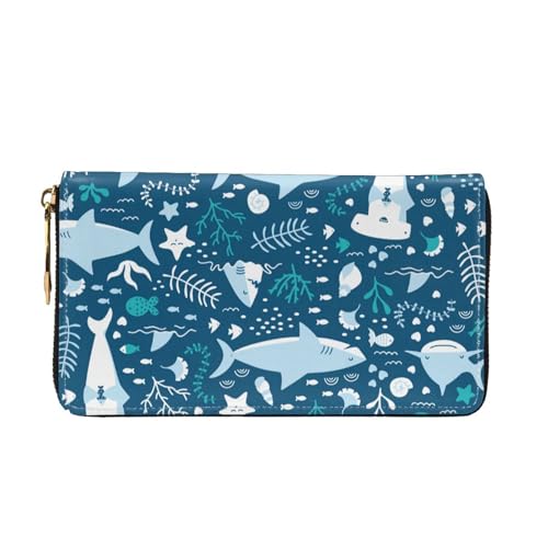 Leather Wallet For Women And Men Cute Sharks And Sea Plants Clutch Purse Wristlet Bag Credit Card Holder Wallet2