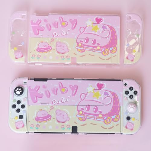 PERFECTSIGHT Protective Case for Nintendo Switch OLED, Cute Clear Soft TPU Slim Grip Cover with Stand, Kawaii Dockable Case for NS Console and Joy Con Car Mouth - Shock-Absorption Anti-Scratch