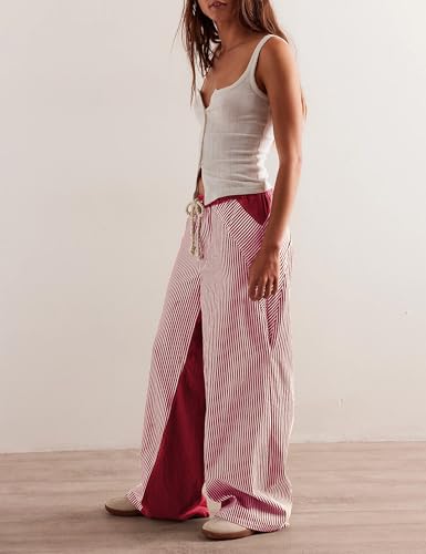 Faleave Women's Striped Pull-On Pants Elastic Waist Casual Wide Leg Low Rise Boho Trousers3