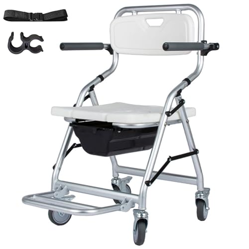 Silla De Ducha con Cómoda De Noche De Aluminio con Ruedas Bloqueables Y Cubo Desmontable, Silla De Transporte con Ruedas, Inodoro Junto a La Cama para Personas Mayores Y Discapacitadas