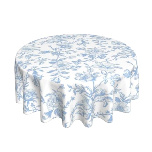 Baby Blue Floral Tablecloth Round 70 Inch Light Blue Chinoiserie Vintage Flower Table Cloth Stain Resistance Polyester Spring Summer Table Covers for Kitchen Dining Outdoor Party Picnic