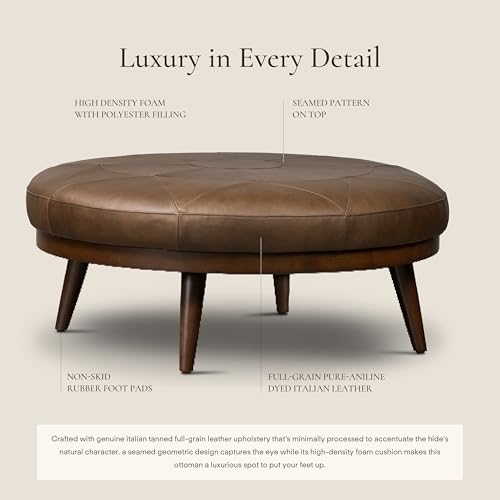 Image of Poly & BARK Gio Ottoman - 30 inch Round with Feather-Down Topper - Full-Grain Leather Upholstery - Couch Ottoman for Living Room - Vintage Italian Leather in Cocoa Brown