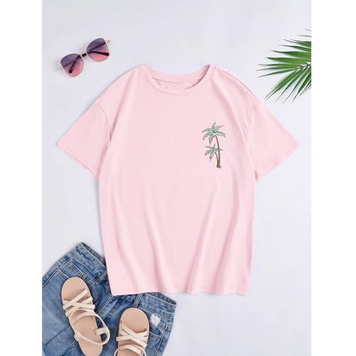 Image of KEEVICI Cute Girls Graphic Tees Beach Kids Hawaiian T Shirt Summer Cotton Letter Print Short Sleeve Shirts Vacation Tops