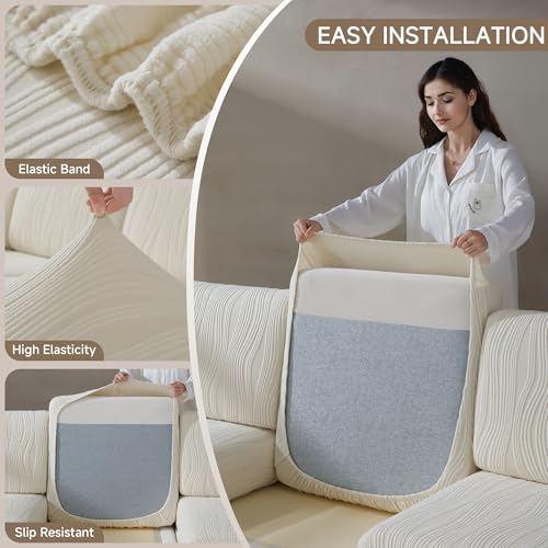 QIANMEW Couch Cushion Covers, Super Stretch Washable Sofa Slipcovers for L Shaped & Modular Seats, Pet-Friendly Furniture Protector with Stripe Design, (1 Back Cover, Ivory)