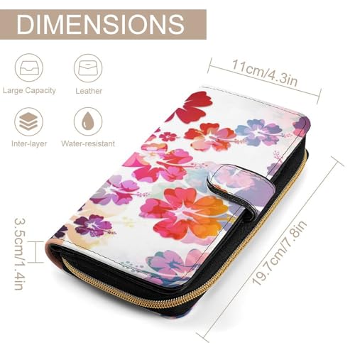 Women Soft PU Leather Wallet, Zipper Card Case Clutch Credit Bills Money Crash Coin 7.8x4.3x1.4 in Holder Purse Print Abstract Tropical Flowers2