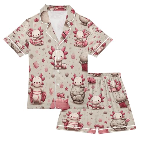 Satin Pajama Sets Short Sleeve Cute Axolotl Kawaii Button Down Silky Nightwear 2 Piece PJS 5-14Y