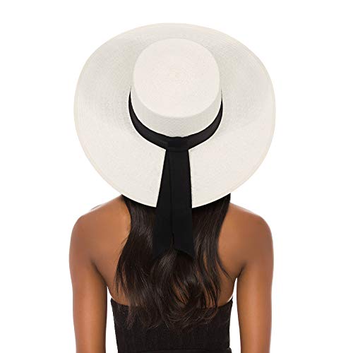 FEMSÉE Straw Beach Hat - Sun Hats for Women and Men Classic Boater Hat with Black Grosgrain Ribbon (White)