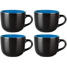 GBhome Jumbo Soup Mugs with Handles, 24 Oz Large Coffee Mugs Set of 4, Ceramic Soup bowls for Coffee,Cereal,Snacks,Salad,Noodles etc Soup Cups,Microwave&Dishwasher safe-Blue Inside