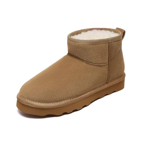 Women's Genuine Suede Winter Mini Boots Water Resistant Snow Booties with Cozy Faux Fur Lining Anti-Slip Memory Foam Insole Lightweight Pull On Ankle Boots Outdoor